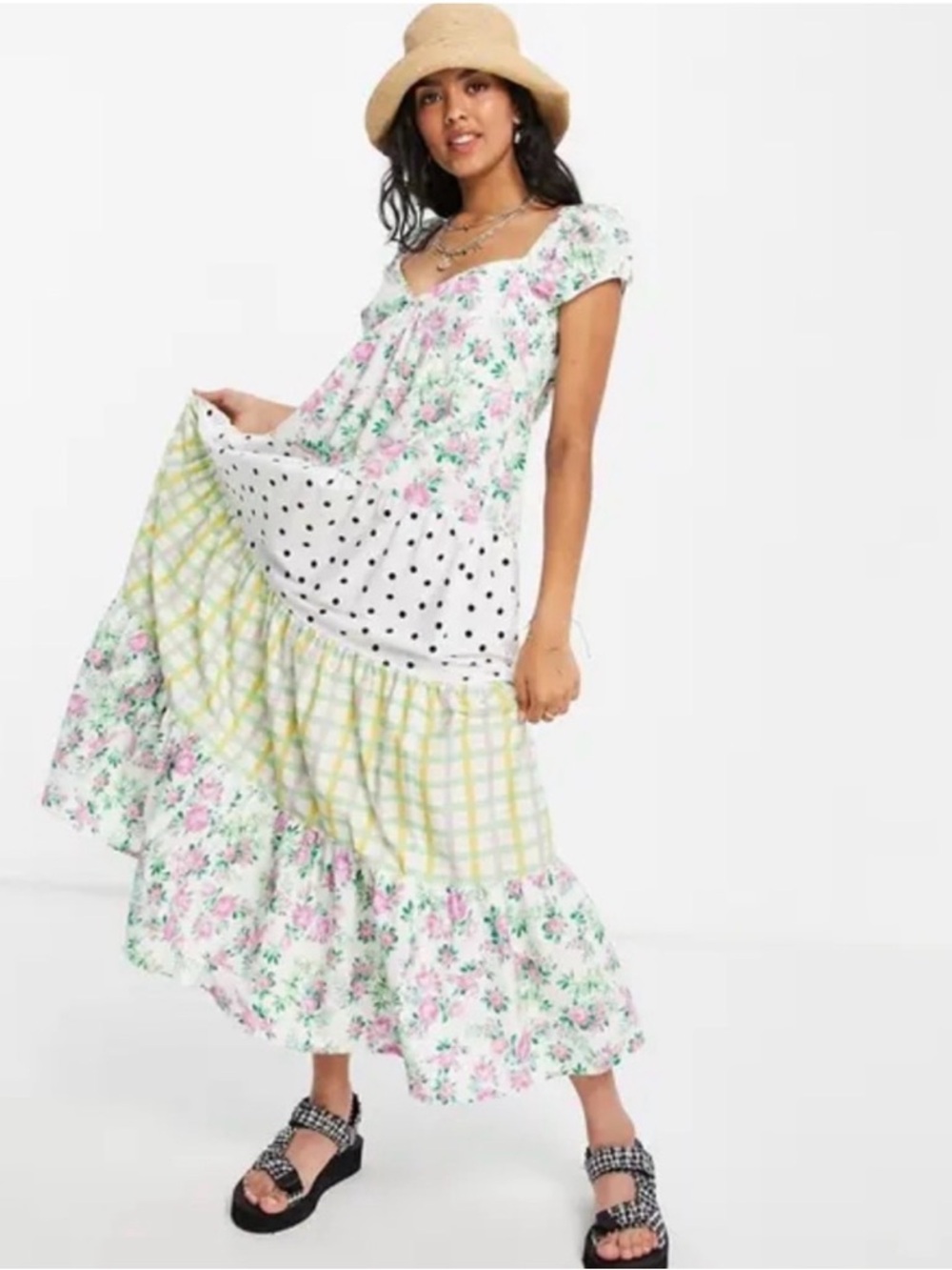 ASOS Reclaimed Vintage Mixed Print Tiered Maxi Dress - Size US 6 - Cottagecore